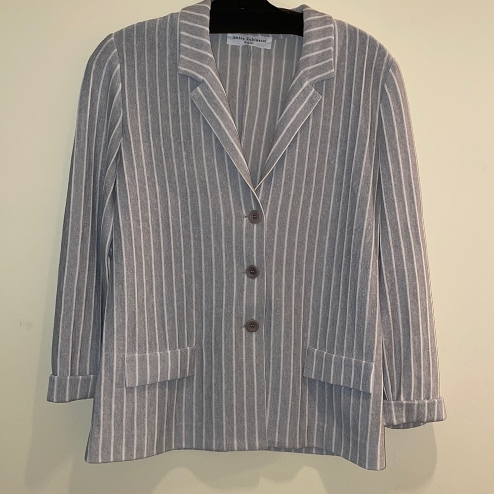 Amina Rubinacci Napoli Gray and White Striped Linen Jacket 44